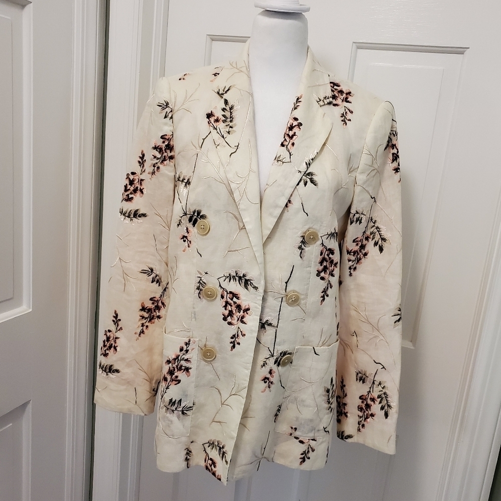 REBECCA TAYLOR Cream Linen Floral Embroidered Ivie Blazer Size 10, Chic, Stylish